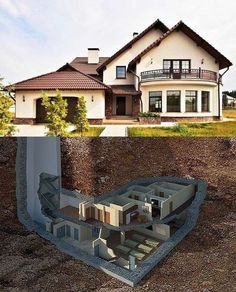 an image of a house being built in the middle of two different pictures, and then showing what it looks like