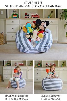 the stuffed animal storage bean bag is shown in three different pictures, and it has mickey mouse