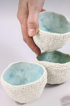 two white and blue bowls being held by a hand