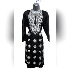 Asta Selections - Hand Embroidered Cotton Kurta, Traditional Chikankari Women's Kurti Black Cotton Sets With Intricate Embroidery, Black Semi-stitched Cotton Kurta, Traditional Black Sets For Spring, Black Embroidered Sets For Spring, Embroidered Black Sets For Spring, Black Resham Embroidered Kurta For Spring, Black Cotton Kurta For Spring, Black Cotton Sets With Mirror Work, Black Resham Embroidered Fabric