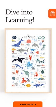 an ocean animal poster with the words dive into learning on it's front and back