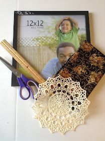 there are two pictures on the wall next to some crocheted doily and scissors