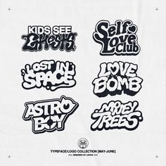 some type of stickers on a piece of paper that says kids see, love club, lost in space, love bone and astro boy