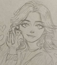 a drawing of a woman talking on a cell phone with hearts drawn in the background