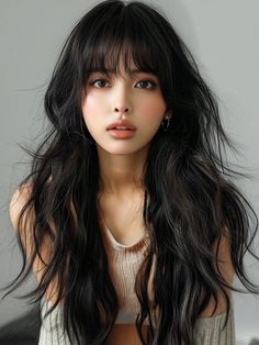 Negro  Collar  Fibra de Alta Temperatura  Pelucas de Flequillo Embellished Long Hair With Whisky Bangs, Thick Bangs Round Face, Black Medium Length Hair With Bangs, Long Hair And Bangs Hairstyles, Medium Black Hair With Bangs, Long Black Hair And Bangs, Curly Hair Straight Bangs, Texture Bangs, Bangs Asian