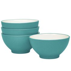 set of four teal bowls with white rims on each one side and the other end