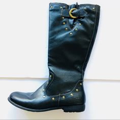 Never Worn! Born Concepts Womens B.O.C Flat Knee-High Comfort Boots, Black And Gold Hardware, Women's, Size: 8 * Heel: 1.00 Inches (2.54 Cm) * Material: Man Made Materials * Color: Black * Toe-Shape: Round Toe * The Boot Shaft Measures Approximately 14.00 Inches (35.56 Cm) Tall And Has An Opening Of 16.00 Inches (40.64 Cm Black And Gold Hardware, Comfortable Boots, Born Shoes, Boots Black, Biker Boot, Black And Gold, Gold Hardware, Knee Boots, Knee High