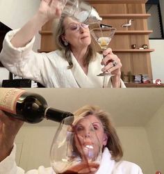 a woman is drinking from a wine glass and another has her mouth open while holding a bottle