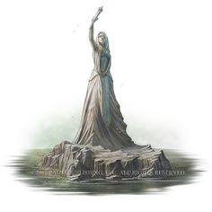 a drawing of a woman standing on top of a rock in the water with her arms up