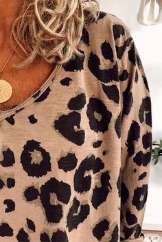 Brown Casual Leopard Print Long Sleeves T-shirt Casual Leopard Print T-shirt For Fall, Casual Leopard Print Crew Neck T-shirt, Leopard Print Tops For Spring, Trendy Leopard Print V-neck Top, Casual Printed T-shirt For Fall, Casual Printed Fall T-shirt, Fall V-neck Graphic Tee T-shirt, Leopard Print Graphic Crew Neck Top, Brown Graphic Tee For Spring