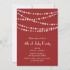 a red and white party card with stars on the string, says please join us for a 4th of july party