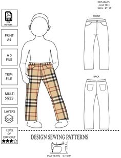 the sewing pattern is shown for children's pants