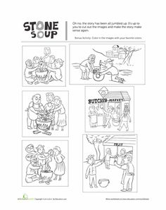 a page from the stone soup book showing pictures of people cooking and talking to each other