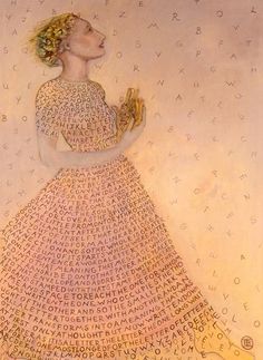 a drawing of a woman in a dress with words all over her body and hands