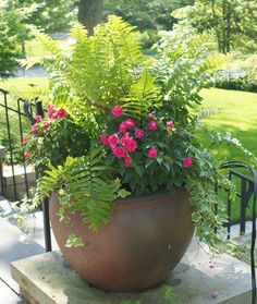 a large potted plant sitting on top of a stone block in front of a fence