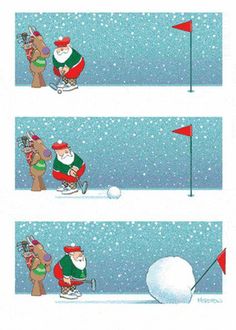 santa claus is playing golf in the snow with his friend, and another person has to put