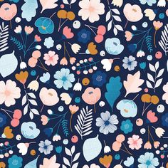 a blue and pink floral pattern with leaves, flowers, and berries on it's navy background