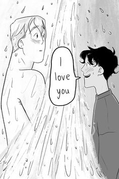 a drawing of two people standing in the rain, one has an i love you bubble above his head