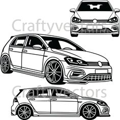 three different car silhouettes in black and white, each with the same color scheme