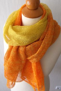 This yellow/ orange linen scarf is a great summer accessory, wearable every day, on special events or even on the beach. It is made of 100% natural linen threads, lightweight, comfortable, breathing and pleasant to skin. The approximate measurements - 200*78 cm or 78*30.5 inches Please, hand wash it separately in a lukewarm water, lay flat to dry and iron with steam if necessary. I ship internationally. These shawls are available also in many different other colours, please, check my linen shawl Linen Shawl, Linen Scarf, Scarf Knit, Summer Wraps, Jaune Orange, Linen Scarves, Fingerless Gloves Knitted, Lace Making, Knitted Gloves