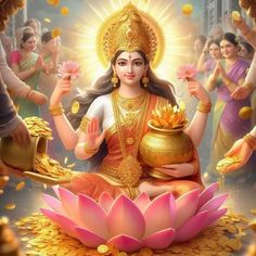 the goddess sitting on top of a lotus in front of other people and gold coins