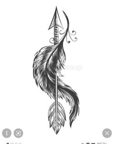 a black and white drawing of an arrow with feathers on it