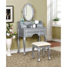 Harriet CM-DK6845SV Vanity W/ Stool By Furniture Of AmericaBy sofafair.com Makeup Table, Wood Vanity, Table Stool