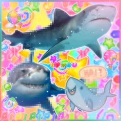 two dolphins and a dolphin are in front of a colorful background with hearts, stars, and bubbles