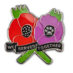 we served together enamel pin badge with two flowers on one side and the words, we served together