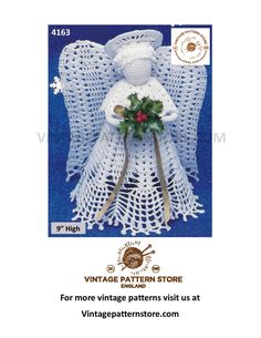 a crocheted angel with holly wreath on it's back and the text vintage pattern store for more vintage patterns visit us at