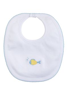 little english, fishies bib, little english retailer, baby gift Embroidered Cotton Bib, Embroidered Fish, Fish Embroidery, Embroidered Apparel, Just Keep Swimming, Keep Swimming, Embroidered Clothes, Timeless Gifts, Baby Bibs