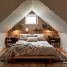 a bed sitting under a window in a bedroom