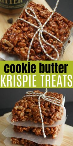 cookies are stacked on top of each other with the words cookie butter krispie treats