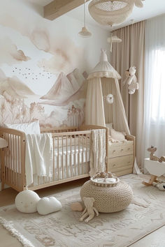 a baby's room decorated in neutral tones