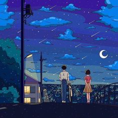 two people standing on a balcony looking at the stars and clouds in the night sky