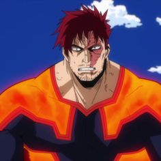 an anime character with red hair and blue eyes looking at the camera while standing in front of clouds