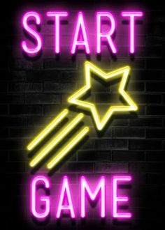 a neon sign that says start game with a star on it and the words,