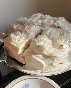 a cake with white flowers on it is sitting on a table next to another plate