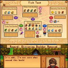 the game's menu screen shows an image of a fish tank and other items