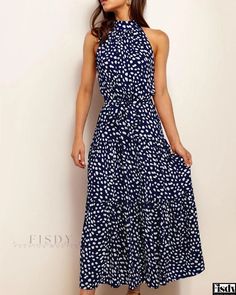 Fisdy - Maxivestido sin mangas con estampado bohemio y cuello halter para la playa Chic Maxi Dresses, Polka Dot Maxi Dresses, Bohemian Maxi, Elegant Maxi Dress, Bohemian Maxi Dress, Beach Maxi Dress, Conscious Fashion, Crewneck Dress, Basic Dress