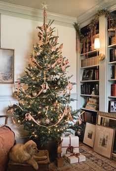 a decorated christmas tree in a living room next to a couch and bookshelf