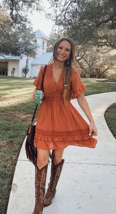 Outfits For Country Wedding Guest, Western Fashion Dresses Outfit, Country Outfits Wedding Guest, Fall Rustic Wedding Guest Outfit, Dress With Knee High Cowboy Boots, Casual Country Dresses, Country Dress Outfits With Boots, Fall Dresses With Cowgirl Boots, Western Casual Wedding Outfit Guest