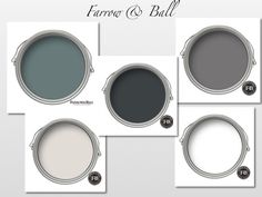 four different colors of paint with the words farrow & ball on them in black and white