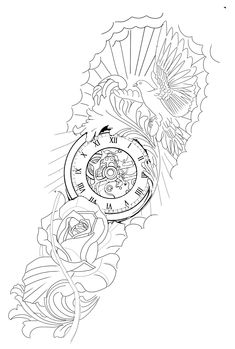 a black and white drawing of a clock with roses on it's side, in the middle of an intricate design