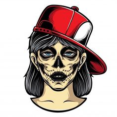 a woman wearing a red hat and skull makeup