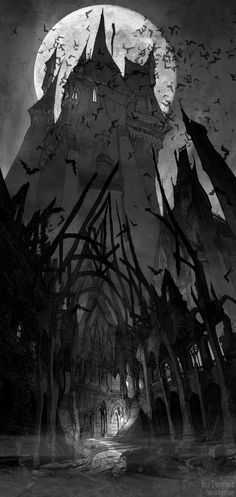 a black and white image of a castle with bats flying over it in front of the moon