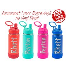 three different colored water bottles with the text permanent laser engraving no vinyl decal