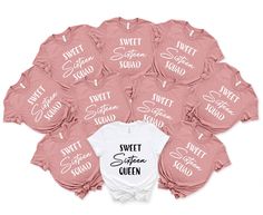 a bunch of shirts that say the bride and have matching names on them in different colors