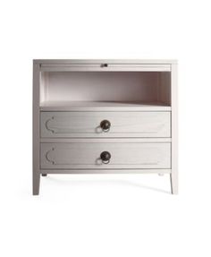 a white nightstand with two drawers on one side and an open drawer on the other