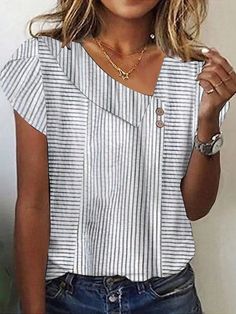 Camisa de verano para mujer con rayas, cuello asimétrico y botones con pliegues Multicolor Casual  manga corta Tela A rayas Top No-Elástico  Women Clothing, size features are:Bust: ,Length: ,Sleeve Length: Sleeves Clothing, Short Sleeve Button Up, Casual Blouse, Casual Shirt, Low Price, Button Up Shirts, V Neck T Shirt, Casual Shirts, Blouses